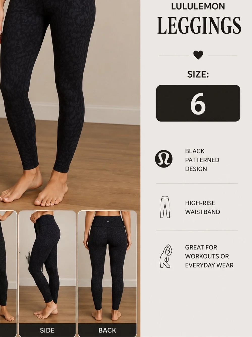 Lululemon Black Patterned Leggings size 6